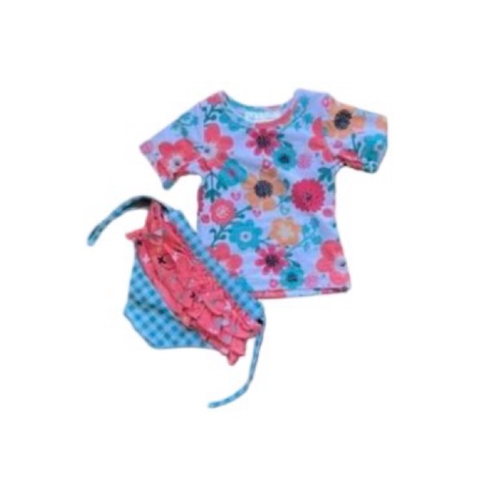 Girls Floral Short-Sleeve Rashguard Swim Set - Pink & Blue